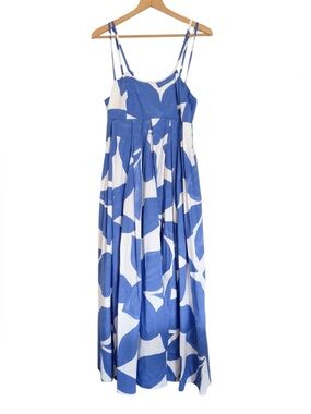 Anthropologie Blue White Motif Thin Strap Smocked Babydoll Maxi Dress size M